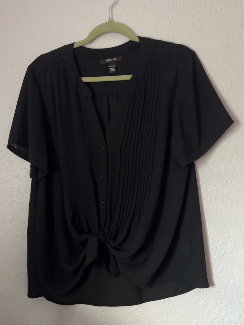 Style & Co. Black Short-Sleeve Pleated Button Tie Front Blouse